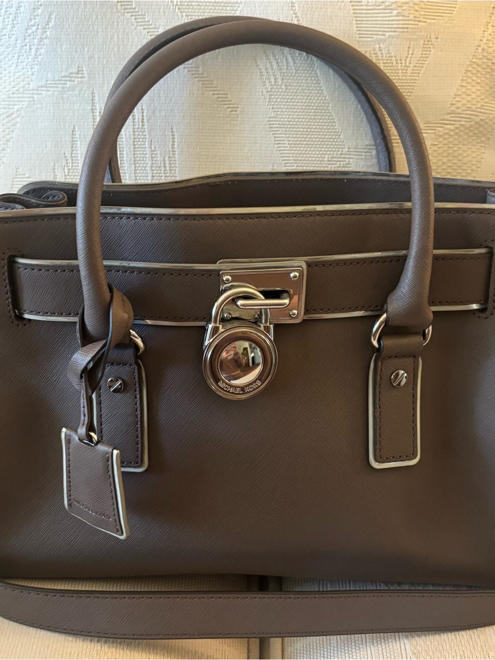 Michael Kors Taupe Hamilton Frame Out Leather Satchel with Padlock